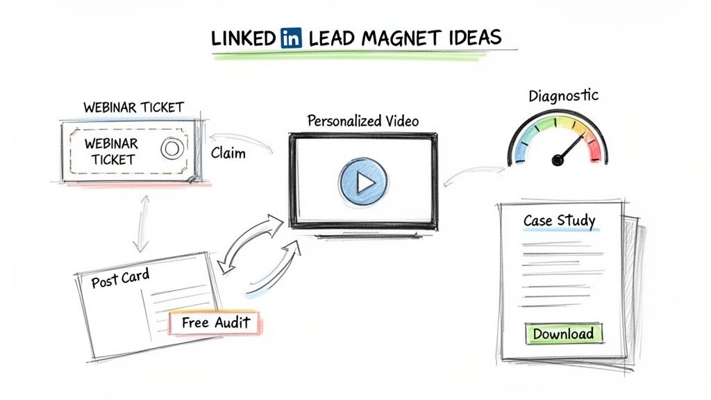 Diagram illustrating LinkedIn lead magnet ideas: webinar ticket, personalized video, diagnostic, postcard, and case study.