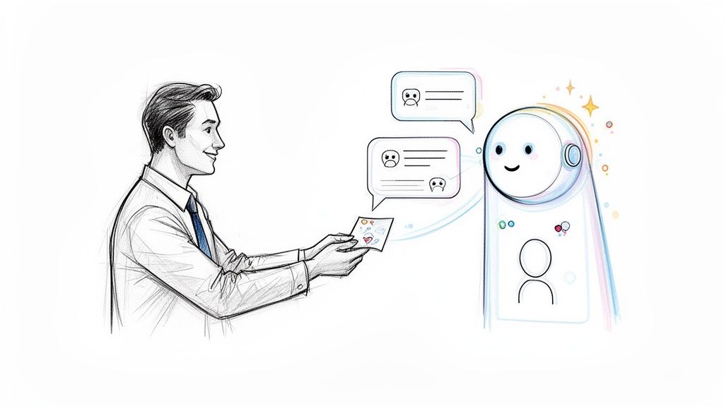 A sketch of a man giving feedback to a smiling AI robot with chat bubbles.