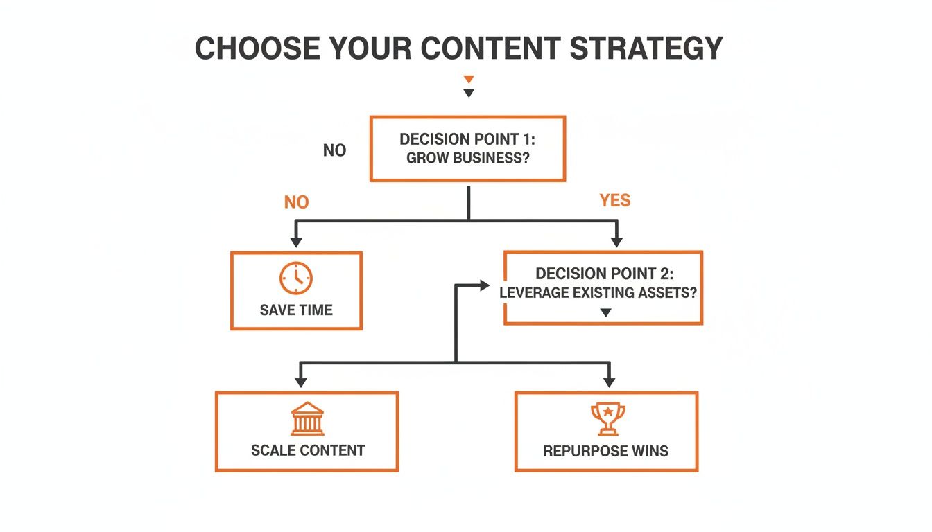A flowchart outlining a content strategy, making decisions based on growing business and leveraging assets.