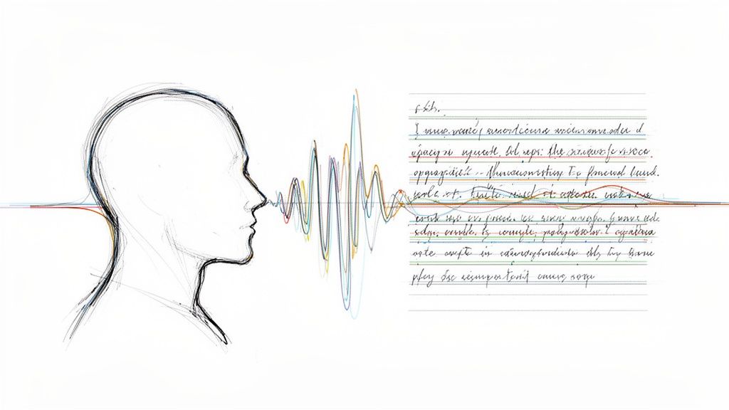 Sketch of a head speaking, colorful sound waves transforming into handwritten text.