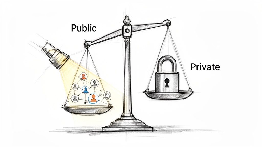 A sketch of a balance scale illustrating public exposure (networked people) versus private security (a padlock).