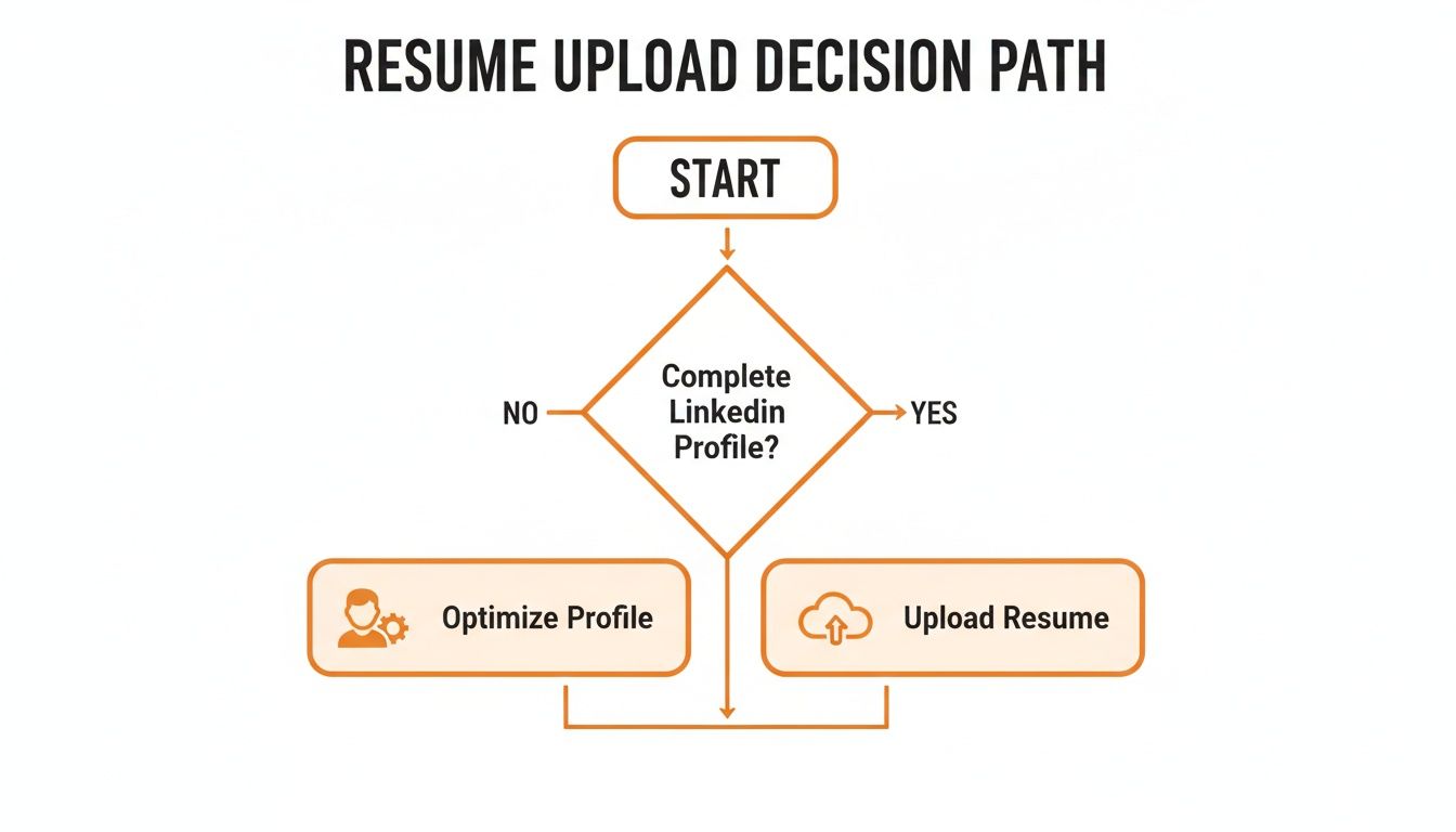 A flowchart detailing the resume upload decision path for LinkedIn profile optimization.