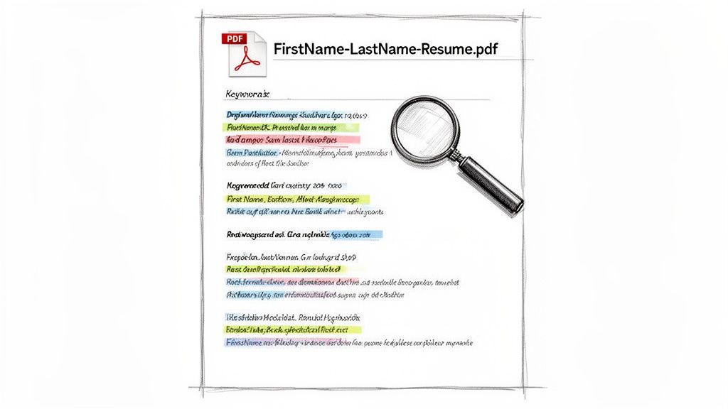 A resume document with a magnifying glass, highlighting keywords for optimized job applications.