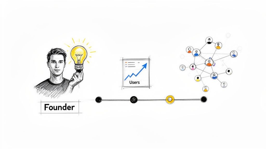 A sketch illustrating a founder with an idea, leading to user growth and a connected network.