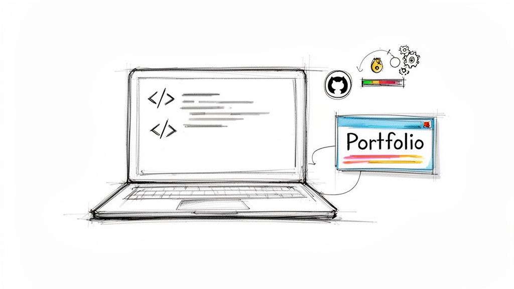 A sketch of a laptop displaying code, linked to a browser window titled 'Portfolio' and GitHub icons.