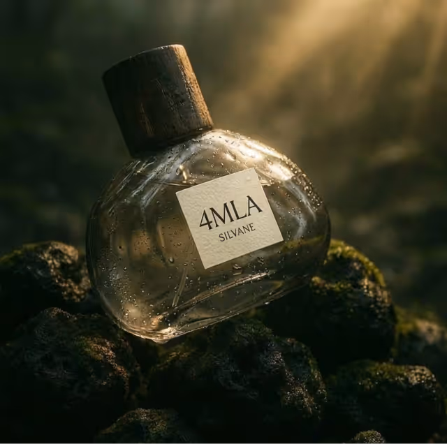 A clear glass perfume bottle with a wooden cap labeled '4MLA SILVANE,' resting on mossy rocks with sunlight streaming in the background.