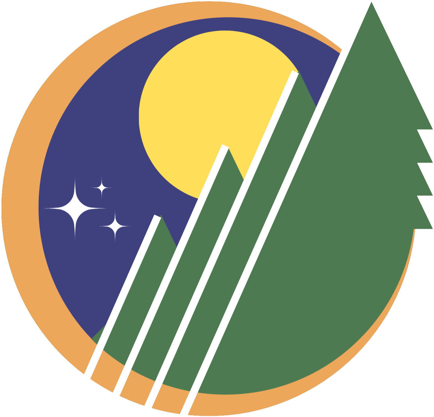 Logo med grønn furuskog foran en gul fullmåne og stjerner på blå nattehimmel.