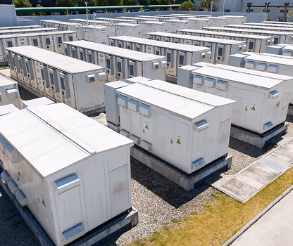 Rows of large white industrial electrical transformer boxes installed outdoors on concrete foundations.