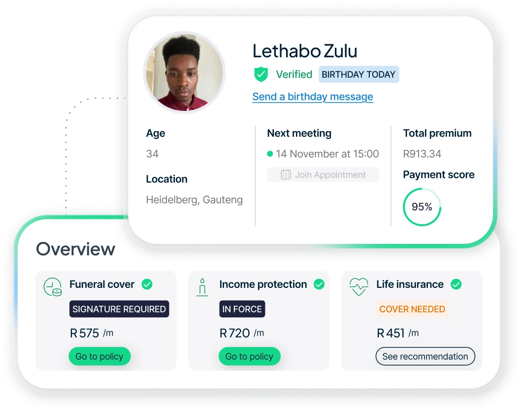 Profile of Lethabo Zulu, verified user with birthday today, location Heidelberg Gauteng, next meeting 14 November at 15:00, total premium R913.34, payment score 95%. Overview of insurance covers: Funeral cover (signature required) R575 per month, Income protection (in force) R720 per month, Life insurance (cover needed) R451 per month with recommendation option.
