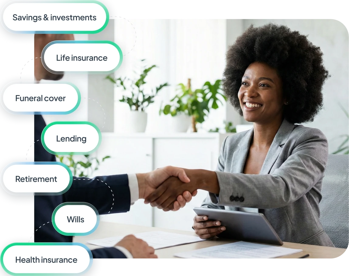 Smiling businesswoman shaking hands with a client across a desk with documents and a tablet, surrounded by labels of financial services like savings, insurance, lending, retirement, wills, and health insurance.