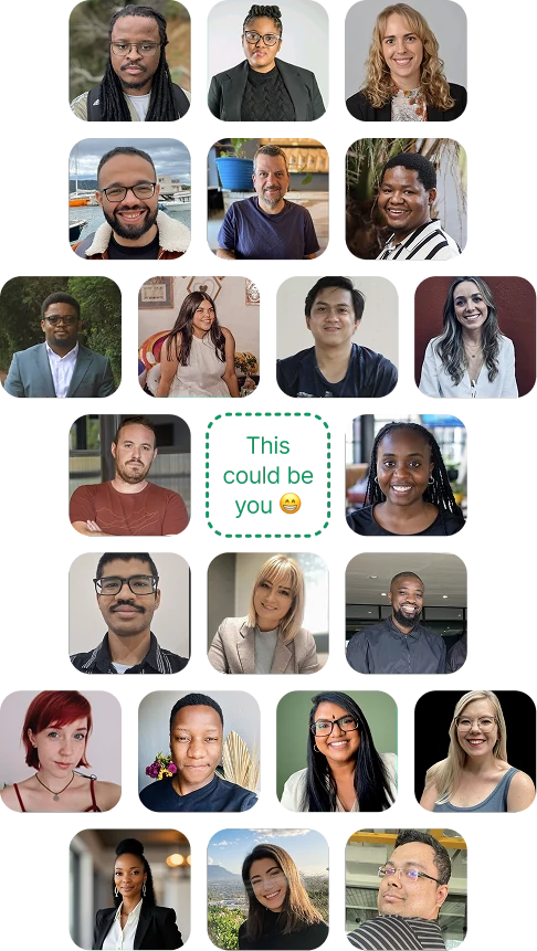 Collage of diverse smiling team members arranged vertically with a central text placeholder reading 'This could be you' with a smiling emoji.