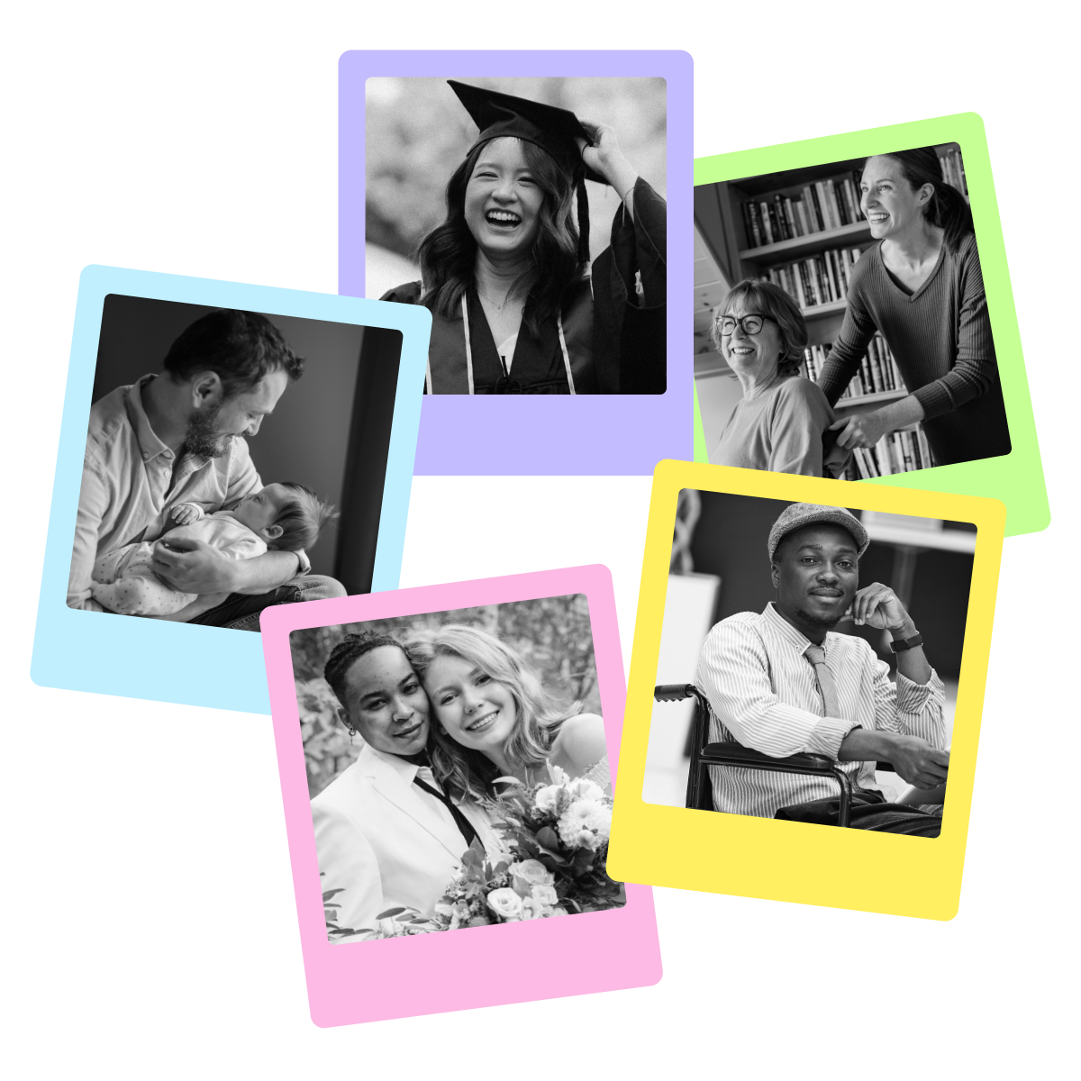 A group of polaroid pictures showcasing different life stages, such as becoming a parent, getting married, graduating and taking care of loved ones.