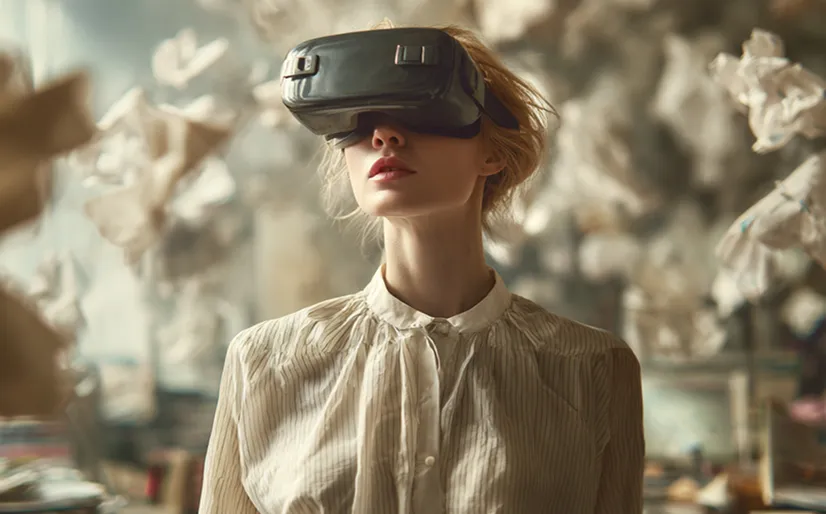 Woman wearing a virtual reality headset in a room with blurred floating objects.