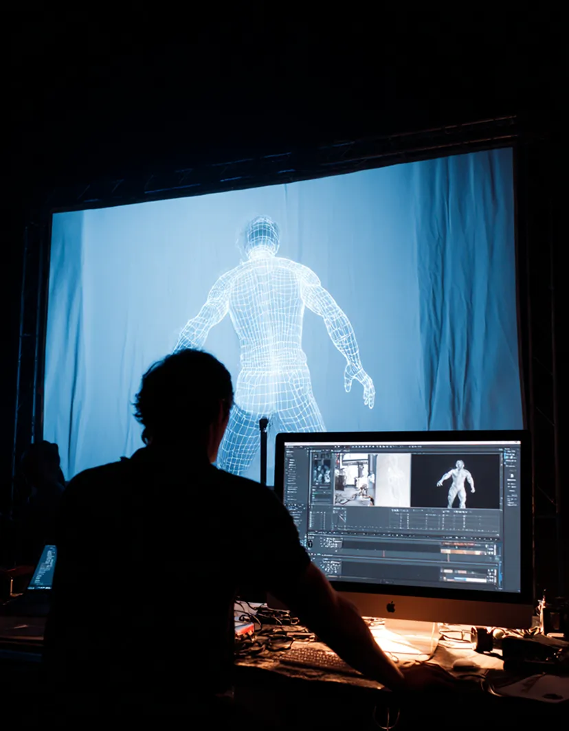Person sitting at a desk working on 3D character animation on a computer screen with a large wireframe human model projected in the background.