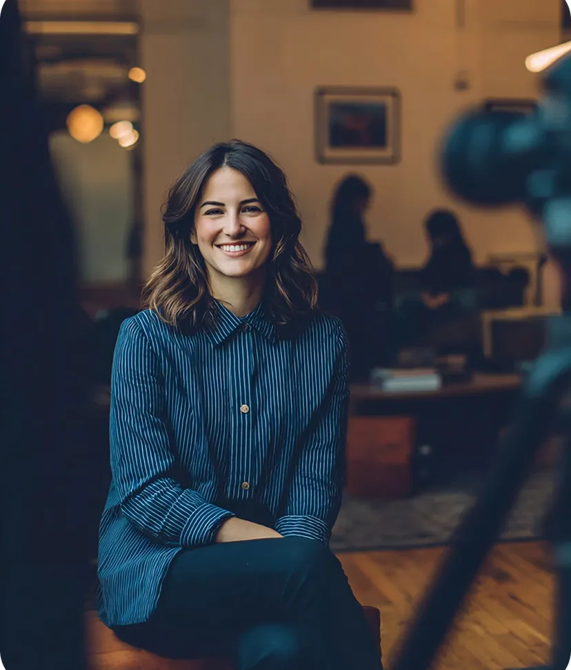 Smiling woman with shoulder-length hair wearing a blue striped shirt sitting indoors with a blurred background.