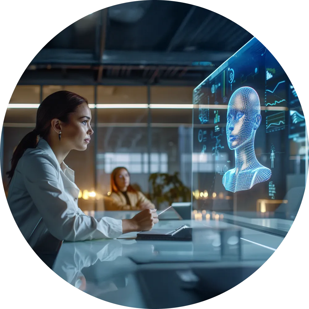 Woman analyzing a 3D digital human head hologram in a modern office, with another person blurred in the background.