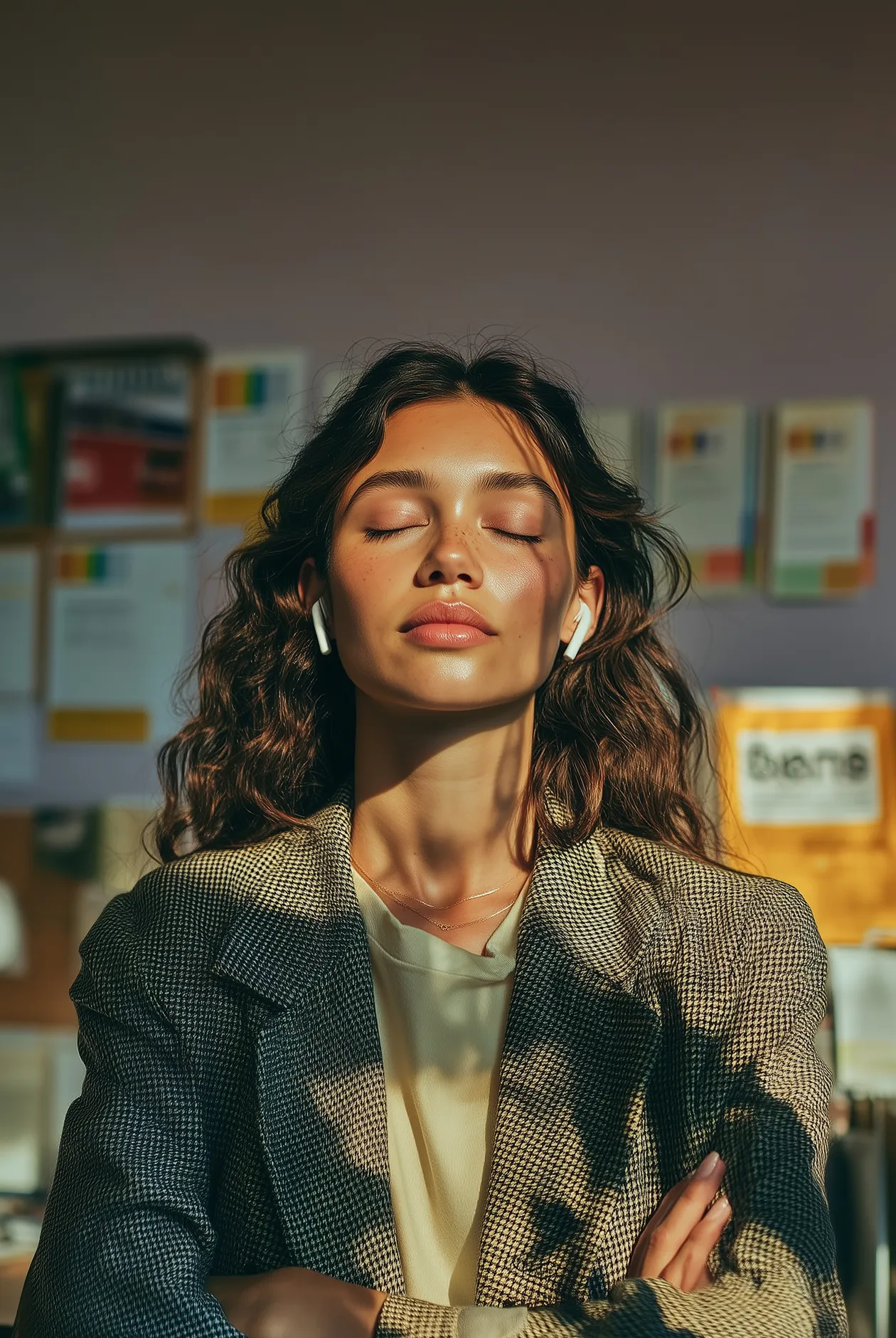 Young woman with curly hair and closed eyes wearing wireless earbuds and a checkered blazer, illuminated by sunlight with shadows on her face.