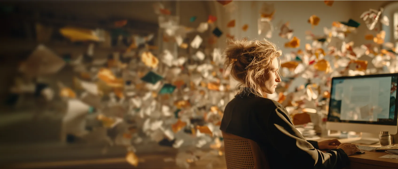 Woman working at a desk on a computer with papers floating around her in a warmly lit room.