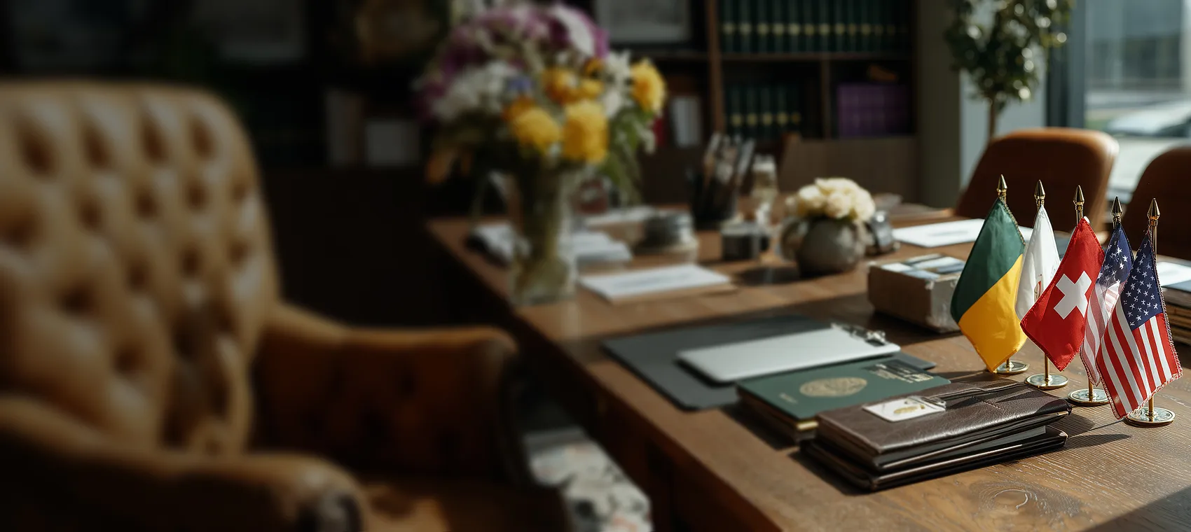 Wooden office desk with small flags of Gabon, Vatican City, Switzerland, and the United States, alongside notebooks and documents.