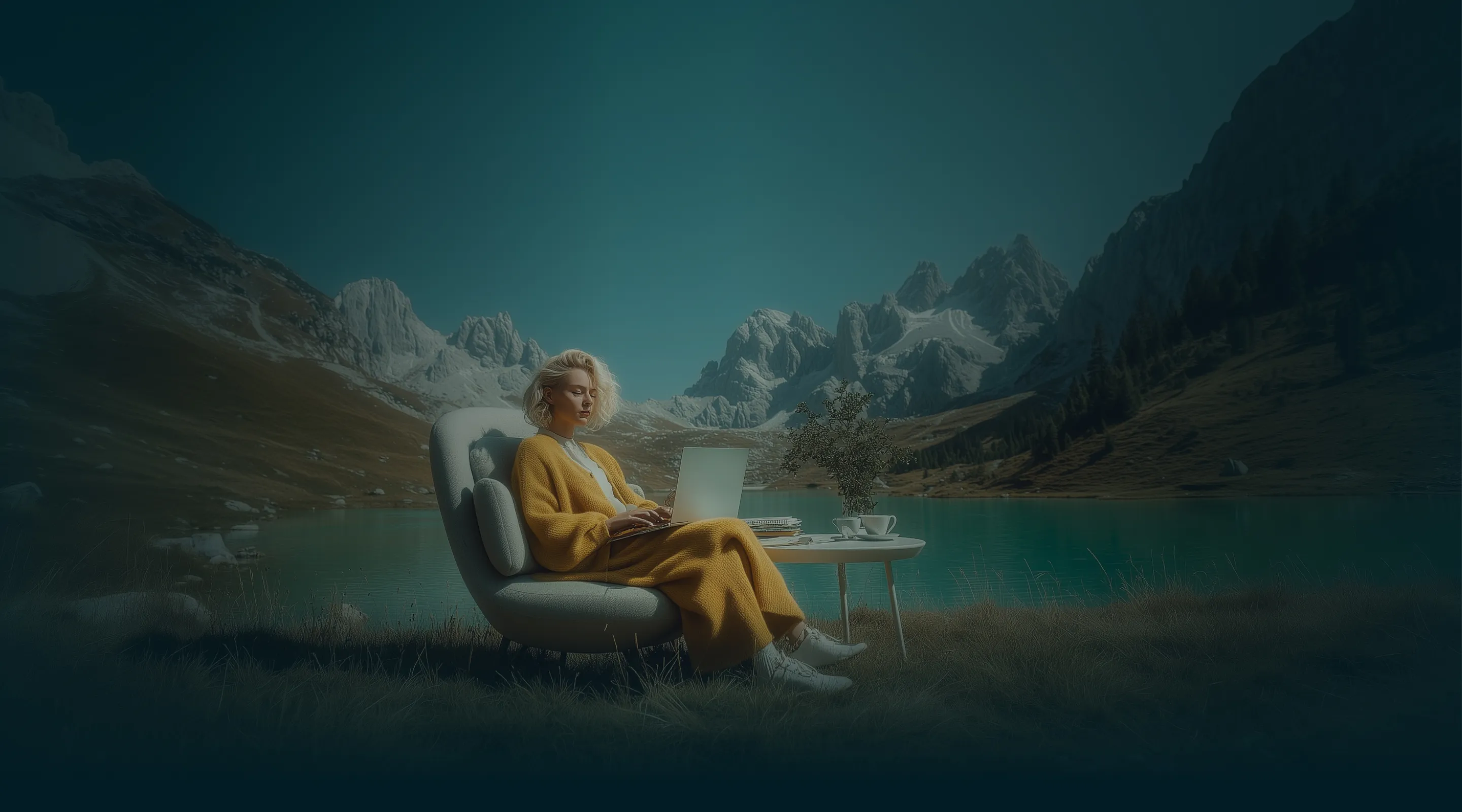 Woman in a yellow cardigan sitting on a chair by a lake, working on a laptop with mountains in the background.
