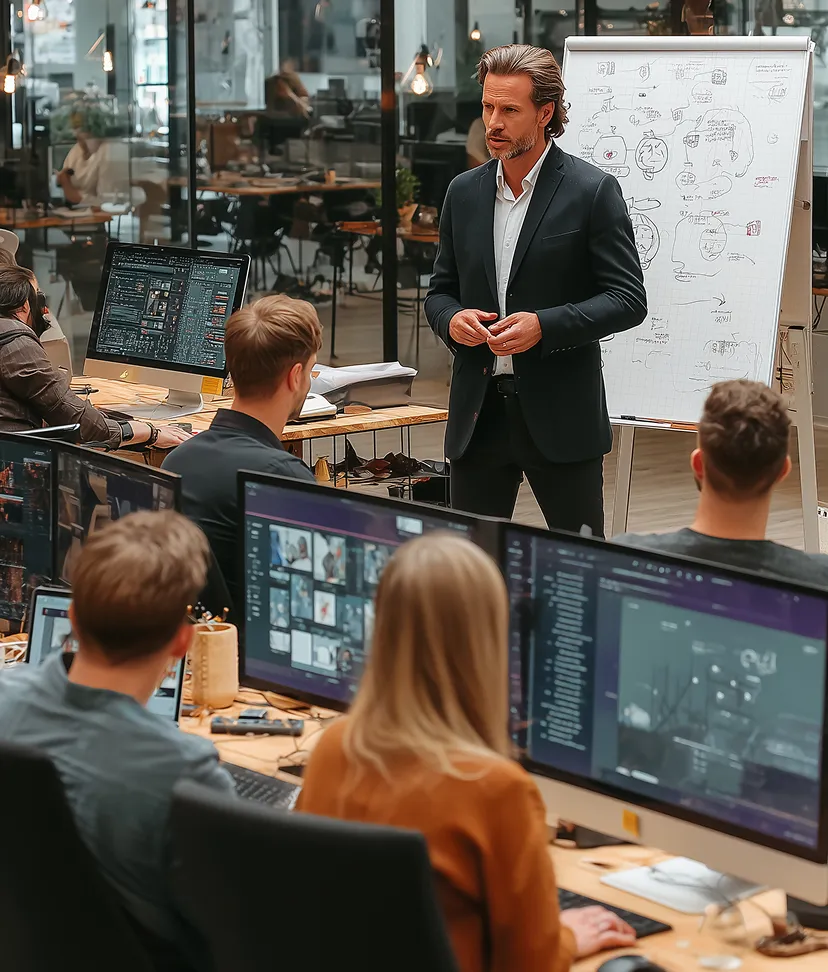 Man in a suit giving a presentation to coworkers seated at desks with large computer monitors in an open office.