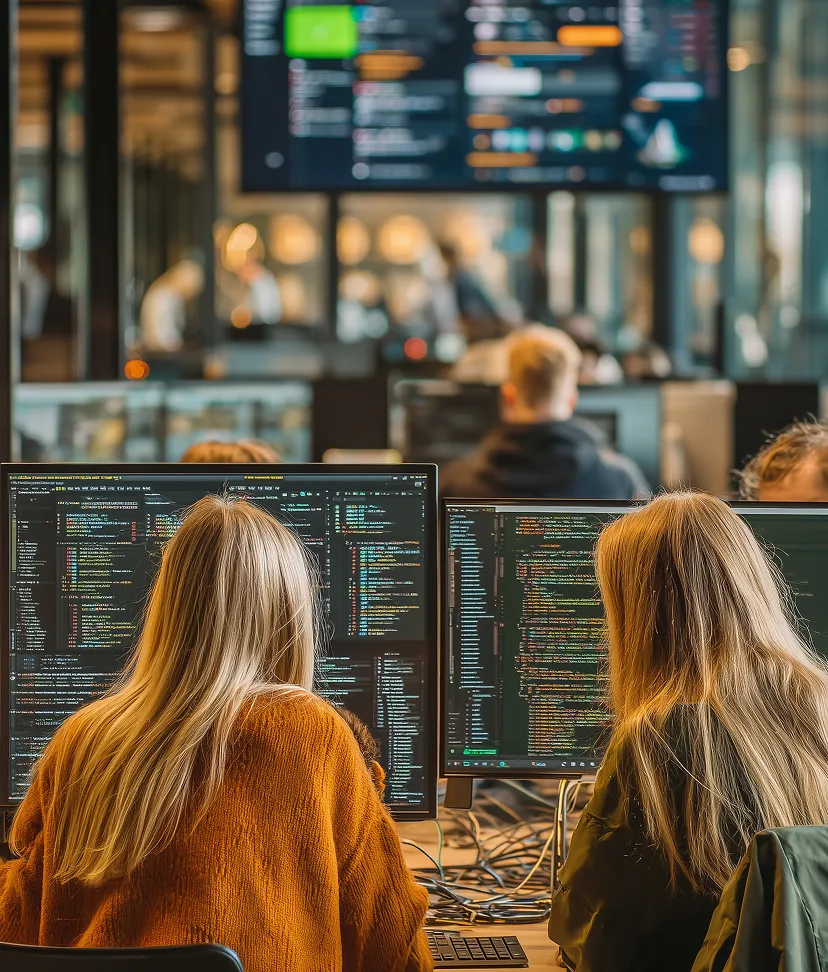 Two women with long blonde hair working on coding displayed on dual monitors in a modern office setting.