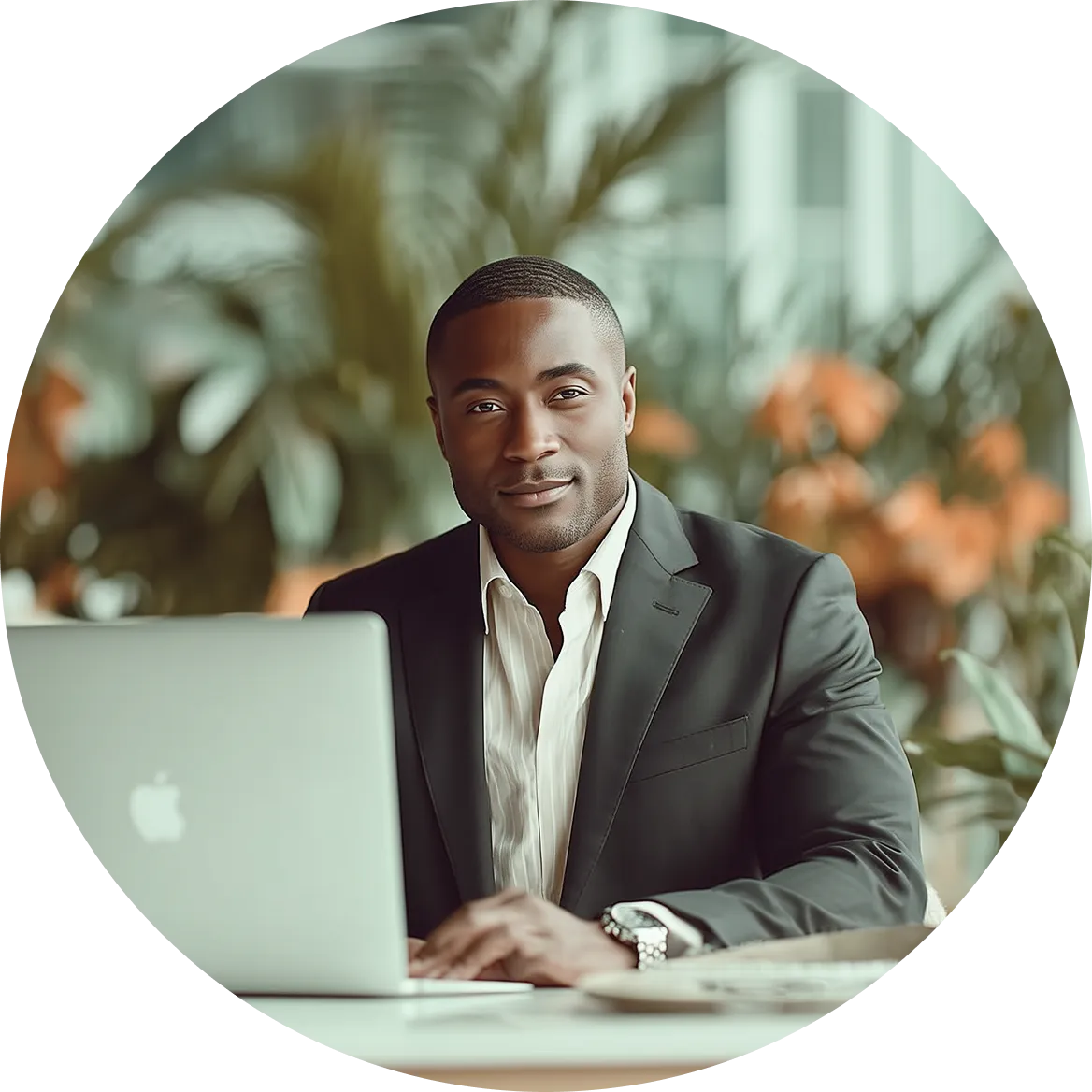 Man in a black suit sitting at a desk with a laptop and plants blurred in the background.