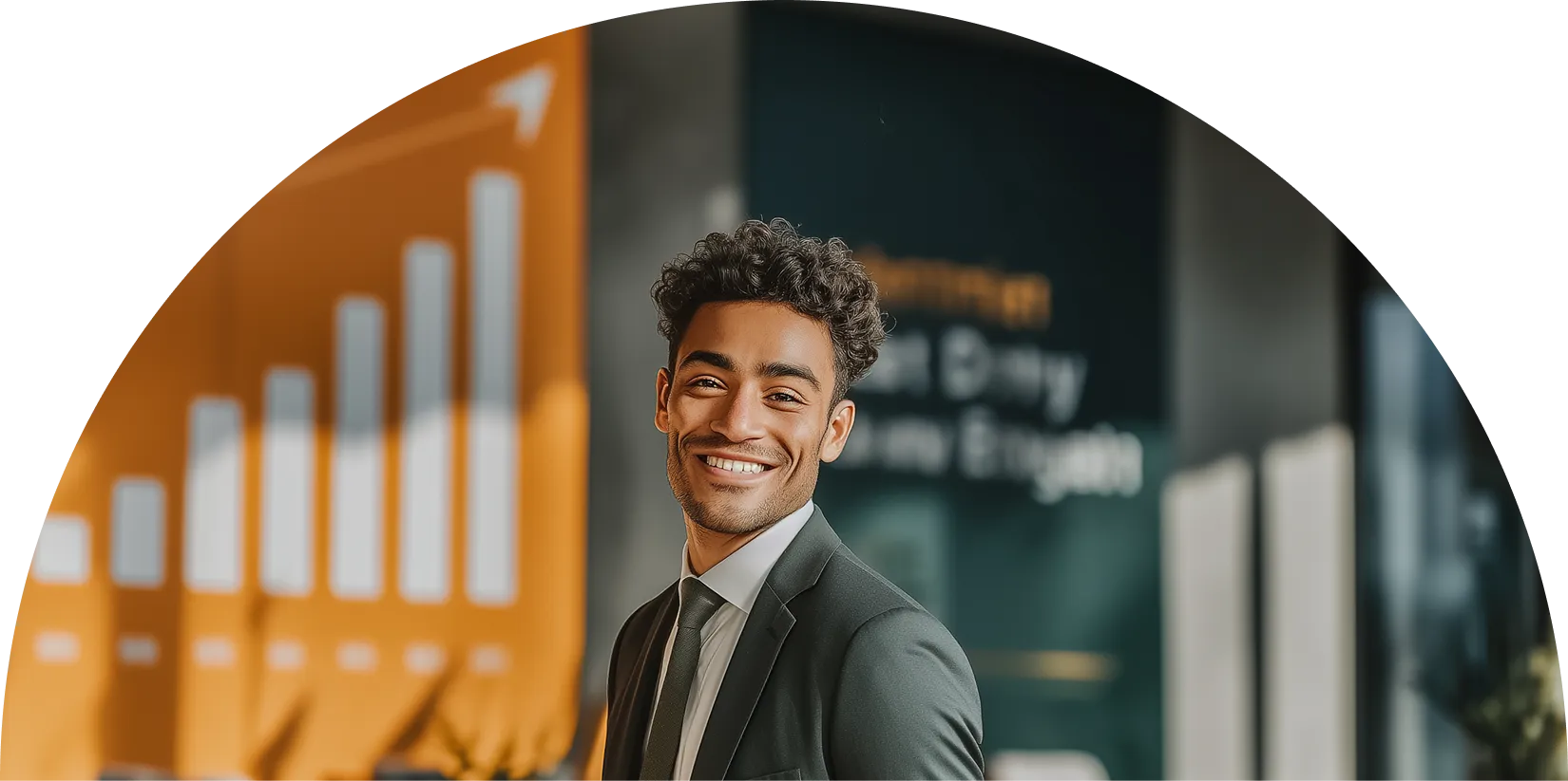 Smiling young man in a suit standing indoors with a blurred business chart in the background.