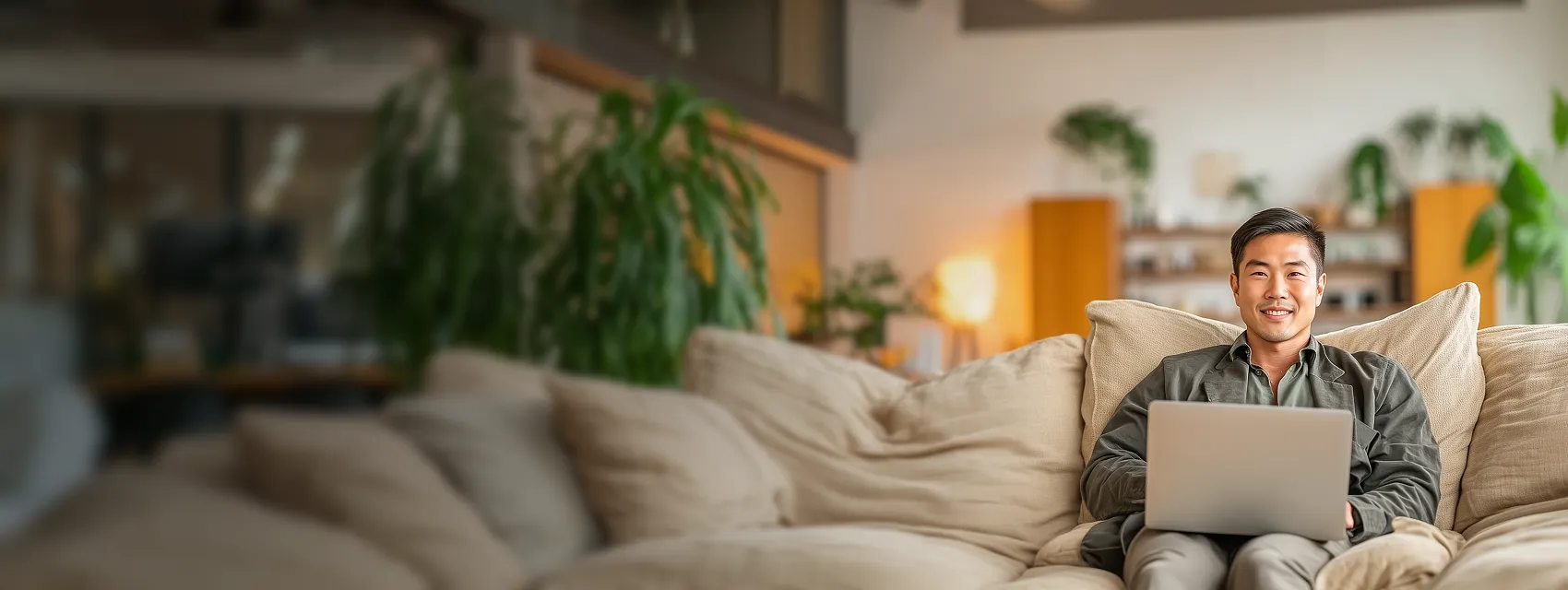 Smiling man sitting on a beige couch with a laptop in a cozy, plant-filled living room.