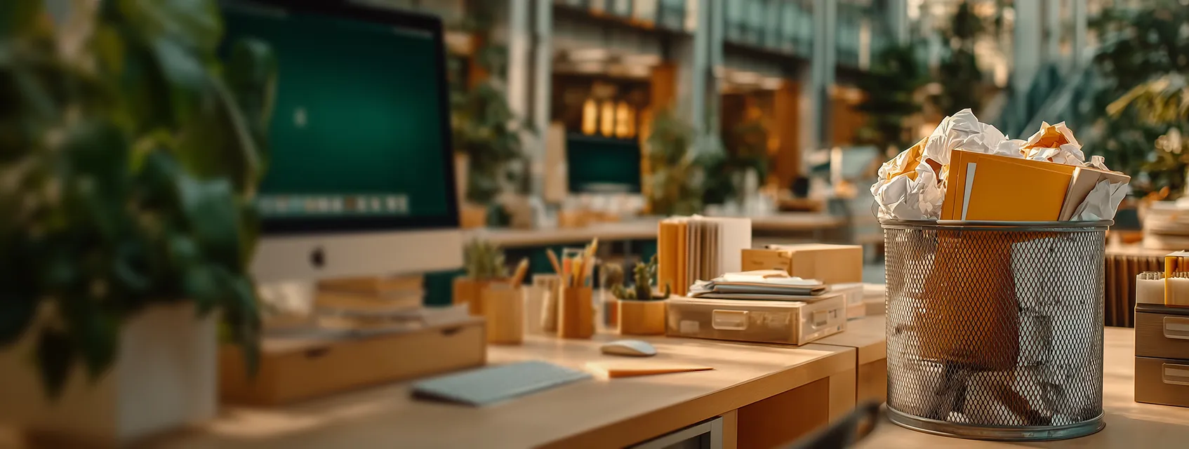 Office desk with computer, stationery, and a metal wastebasket filled with crumpled papers and folders.