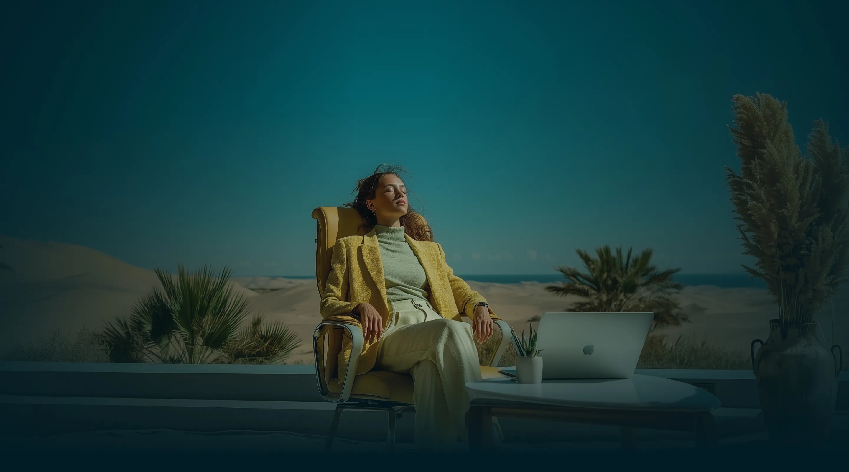 Woman in a yellow blazer sitting relaxed on an office chair outdoors with eyes closed, a laptop on a table beside her, and desert landscape in the background.