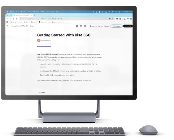 Microsoft Surface Studio 2 desktop computer with keyboard and mouse displaying a webpage titled 'Getting Started With Rise 360'.