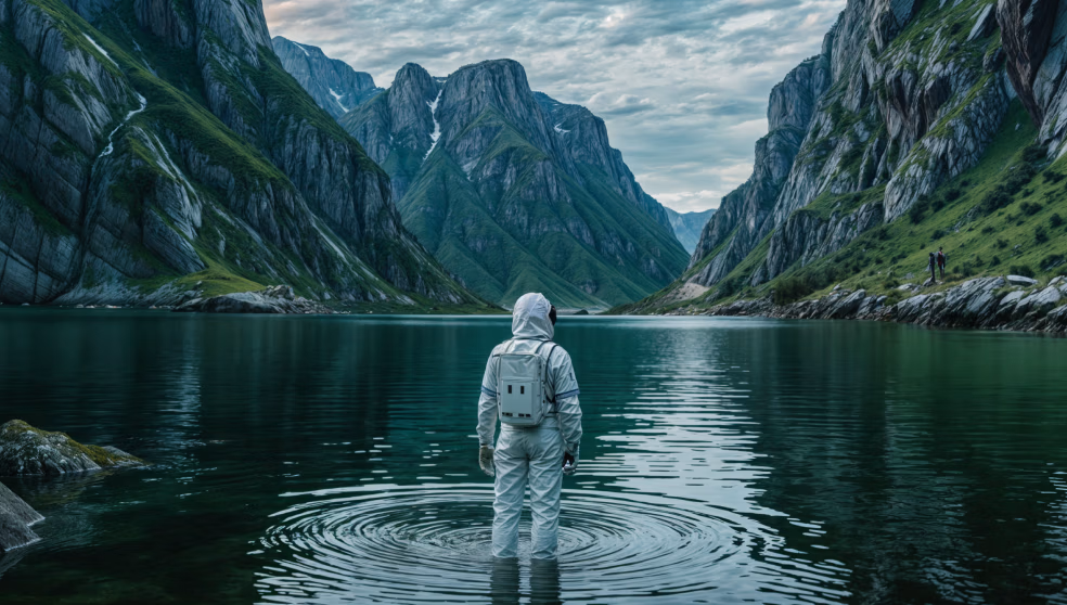 Person in a white astronaut suit standing in a lake surrounded by steep green mountains under a cloudy sky.