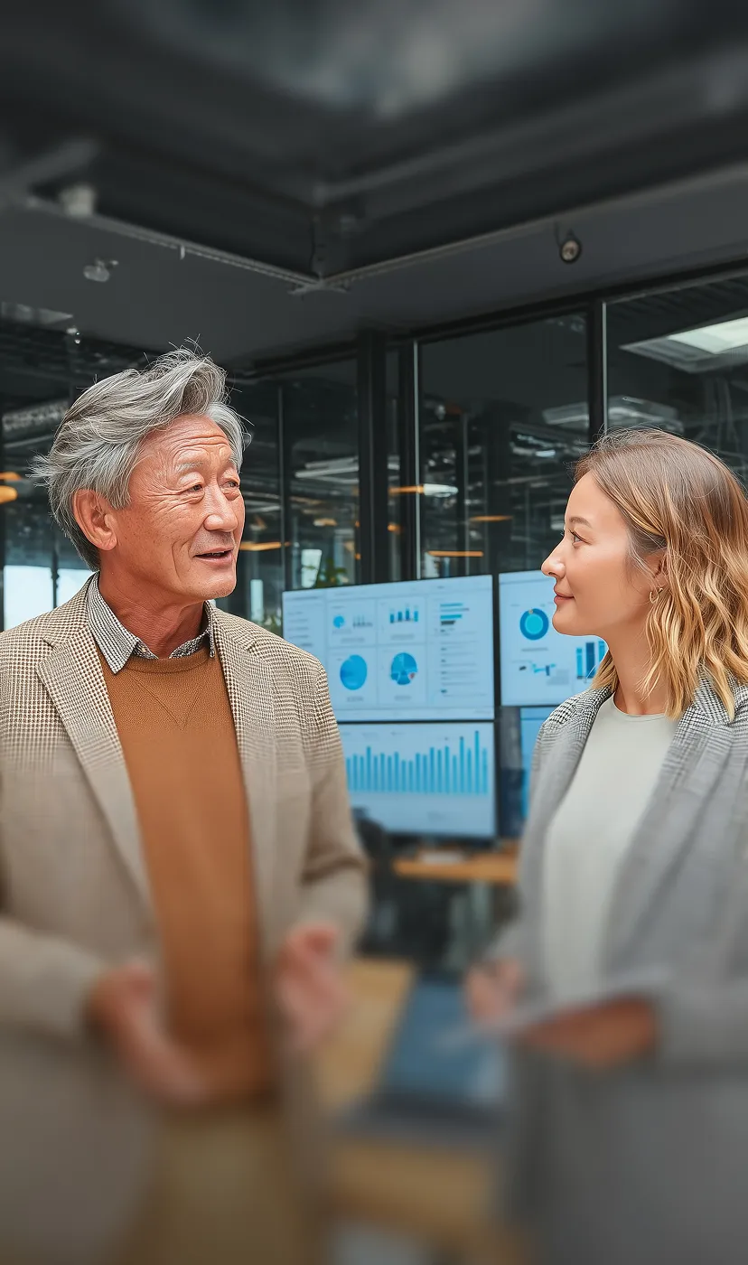 Two professionals, an older man and a younger woman, engaged in conversation in an office with multiple data charts displayed on screens in the background.