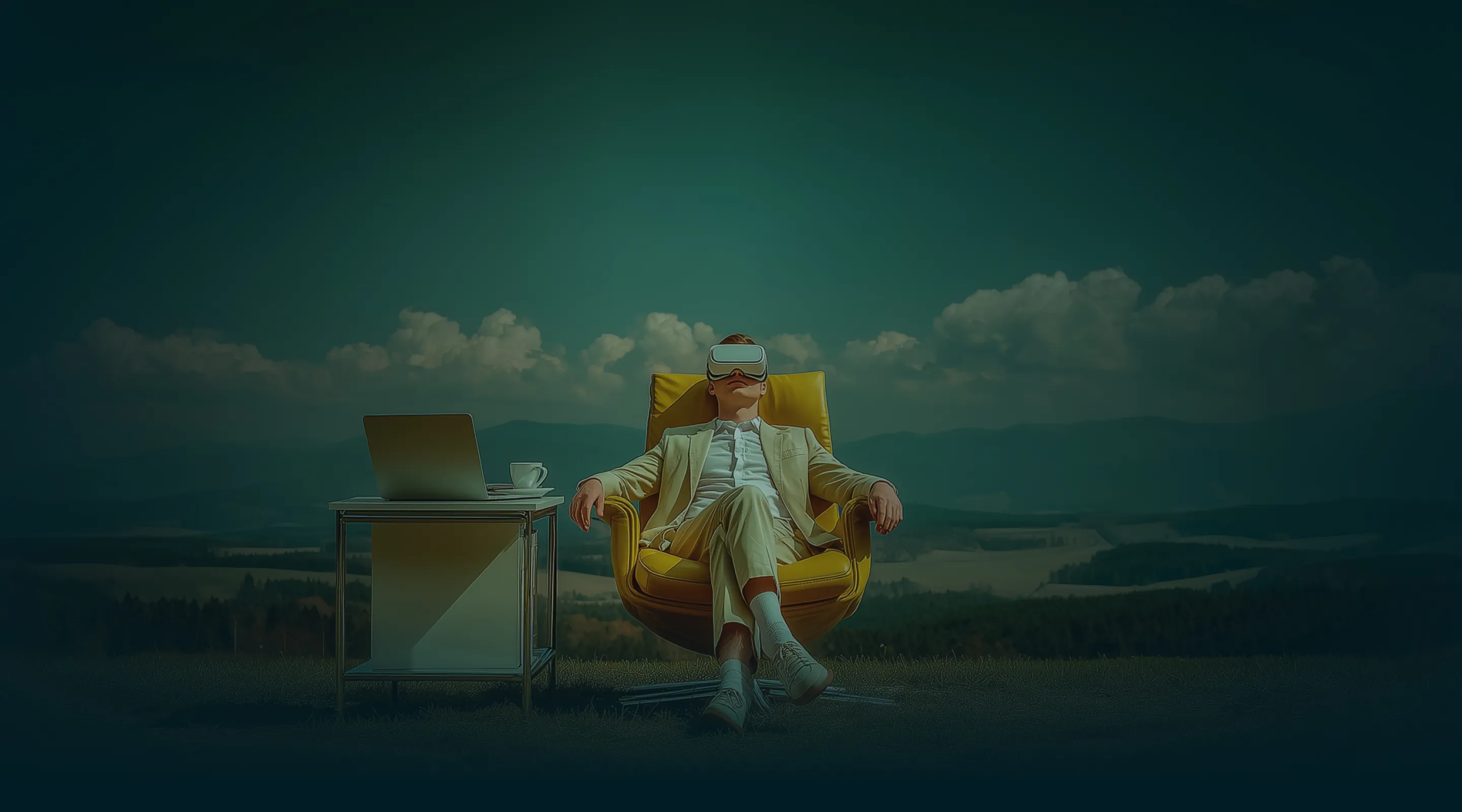 Man in a beige suit sitting on a yellow chair outdoors wearing VR goggles, with a laptop and cup on a small table beside him.