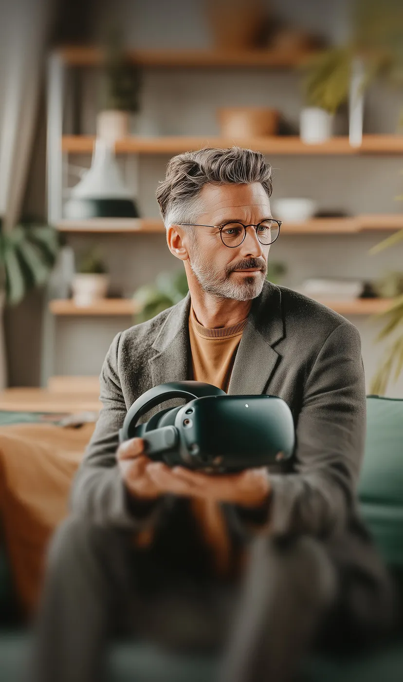 Middle-aged man with glasses holding a virtual reality headset while sitting on a couch in a modern living room.