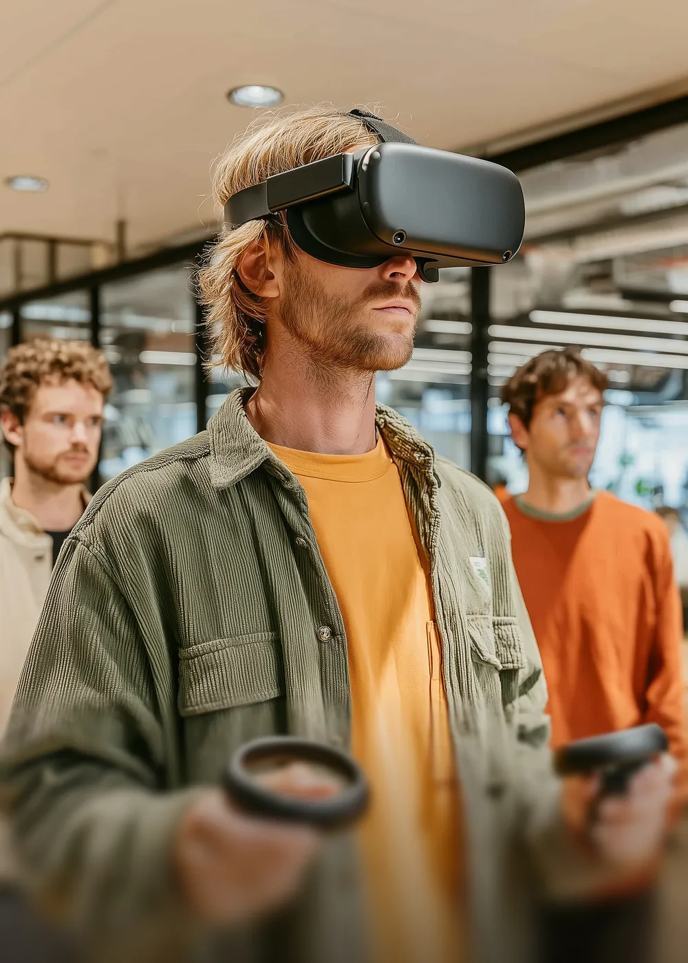 Young man wearing a virtual reality headset and holding VR controllers, with two men watching in the background inside a modern office.
