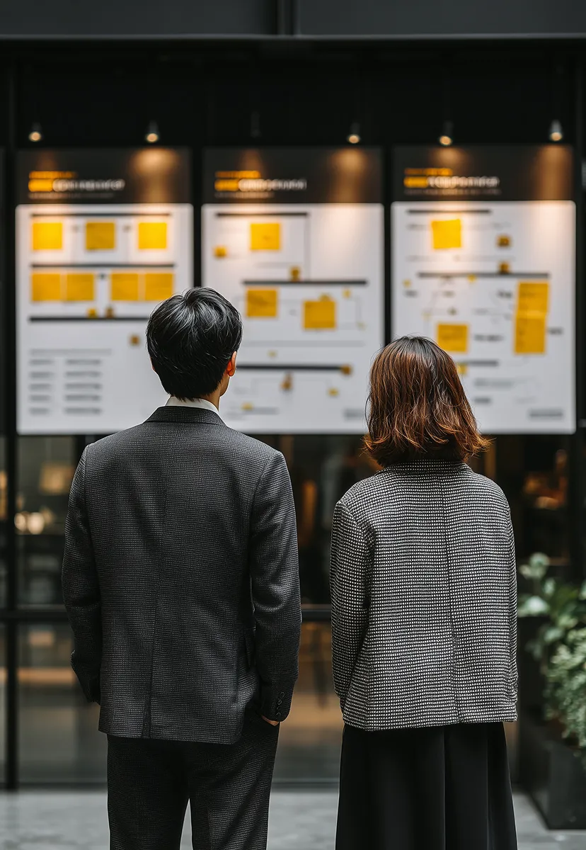 Two professionals in business attire standing side by side, facing a wall with three illuminated presentation boards displaying charts and notes.