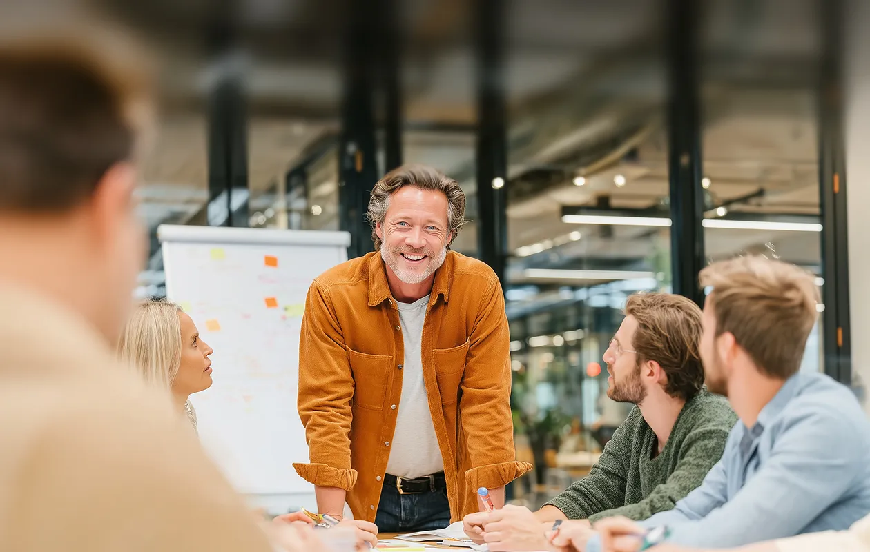 Man in brown jacket smiling while leading a meeting with attentive colleagues in a modern office.