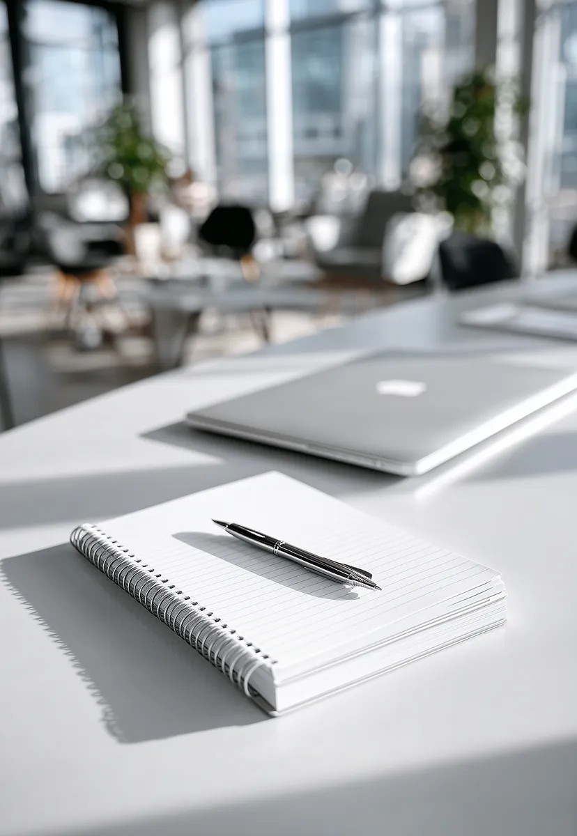 Black pen resting on an open spiral notebook on a white desk with a closed laptop in a bright modern office.