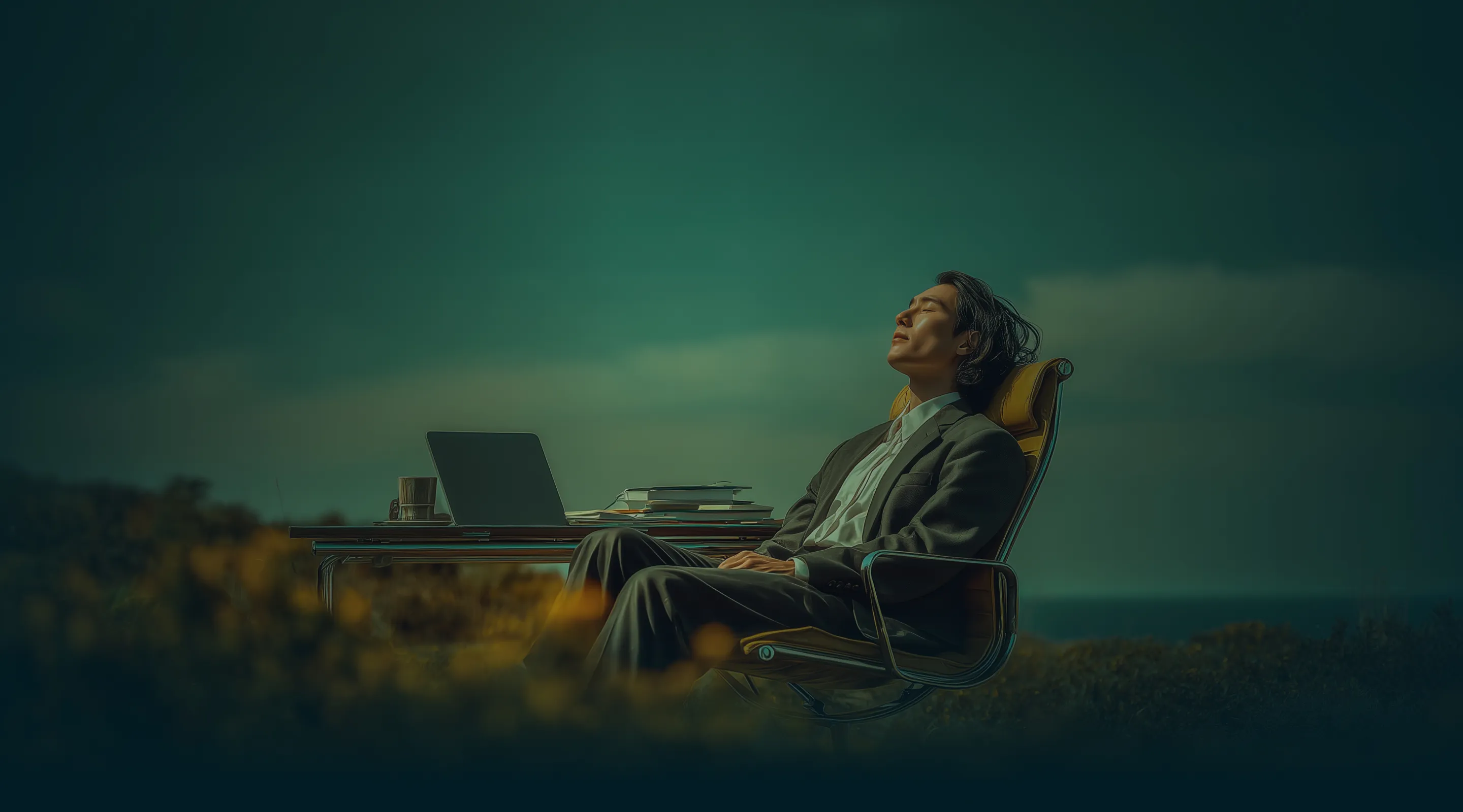 Man in a suit sitting on an office chair outdoors with closed eyes, relaxing beside a table with a laptop and books.