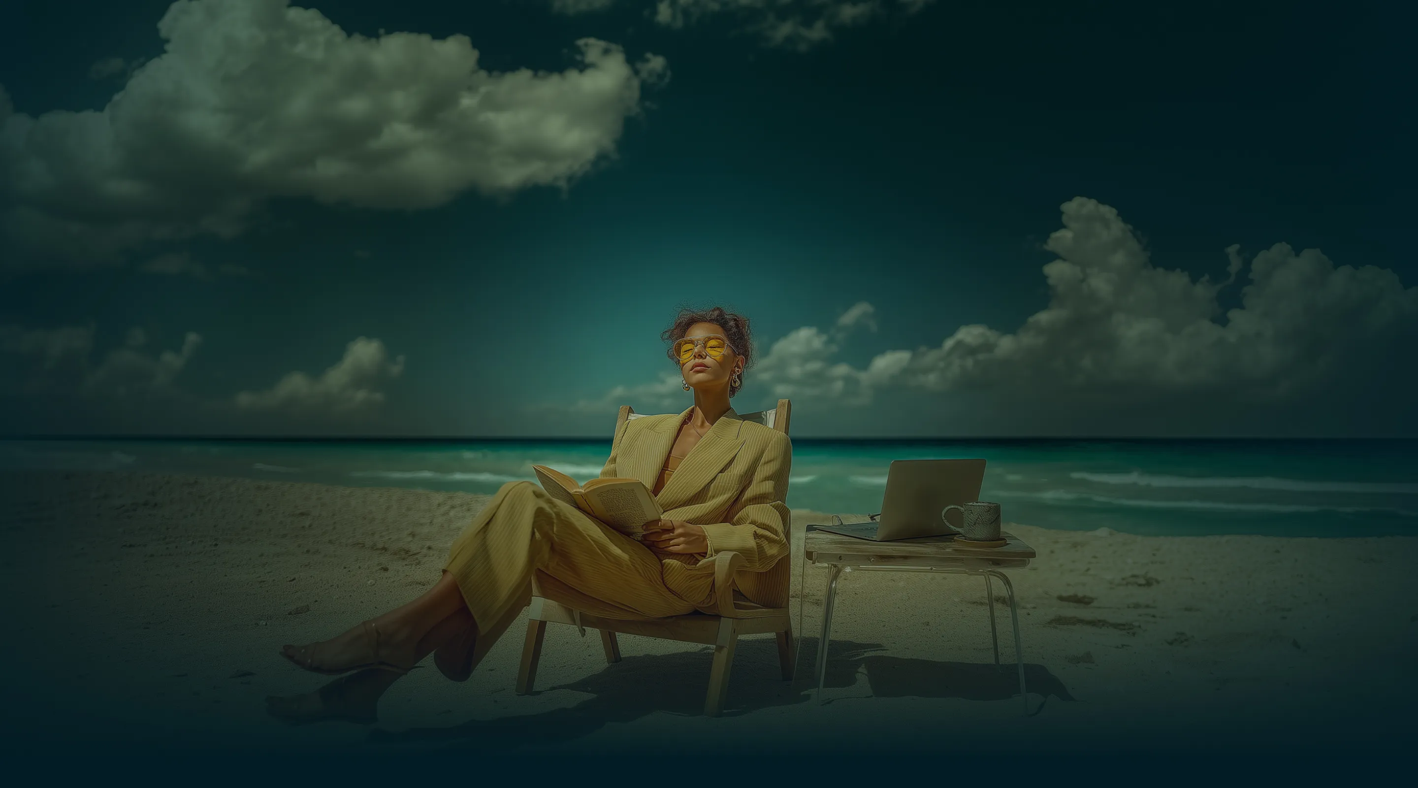 Woman in a yellow suit and sunglasses reading a book on a beach chair next to a table with a laptop and mug.