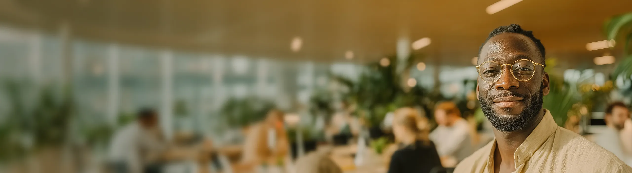 Smiling man wearing glasses in a bright, modern office with blurred coworkers in the background.
