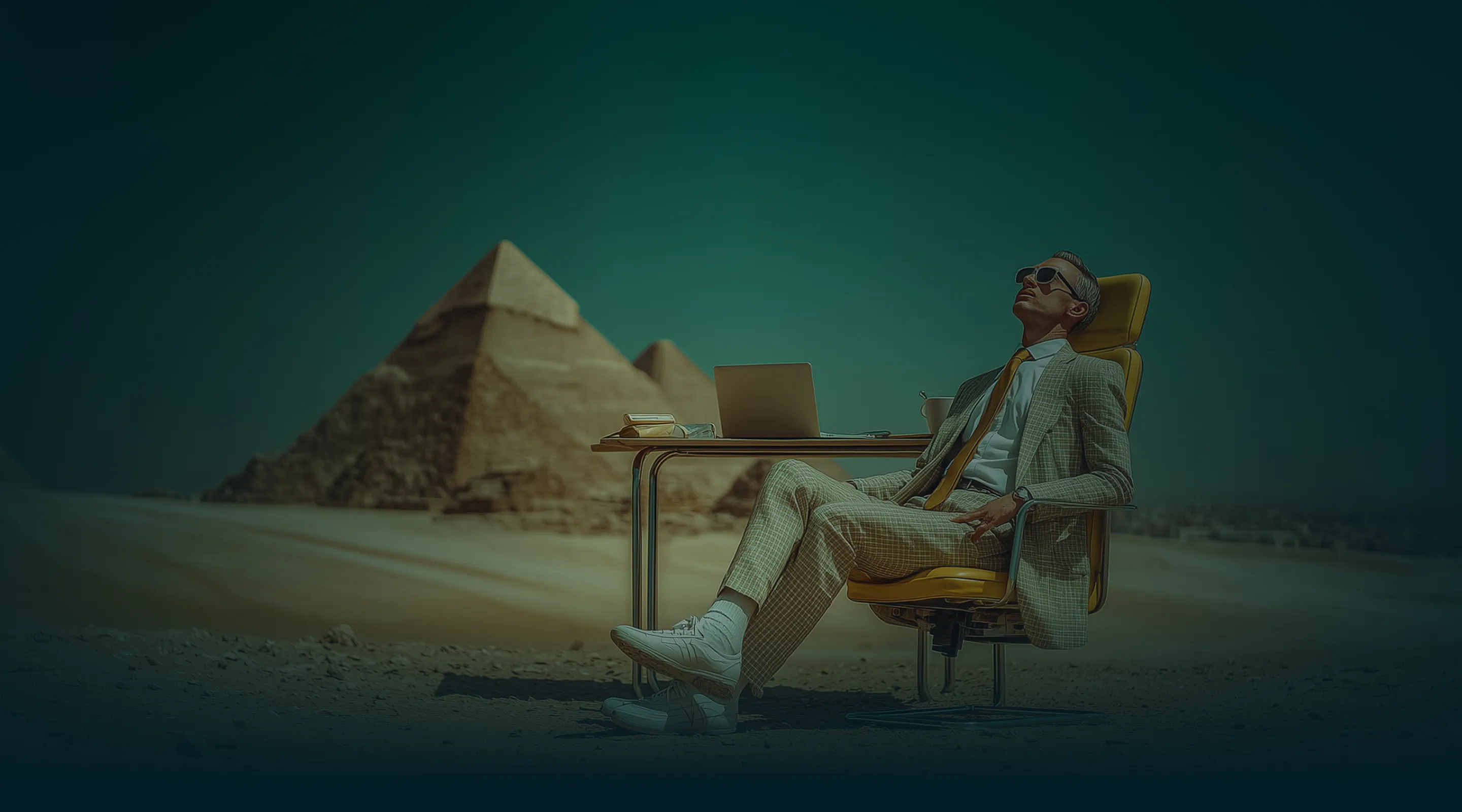 Man in a checked suit sitting on a yellow office chair at a desk with a laptop, in front of the pyramids in a desert.