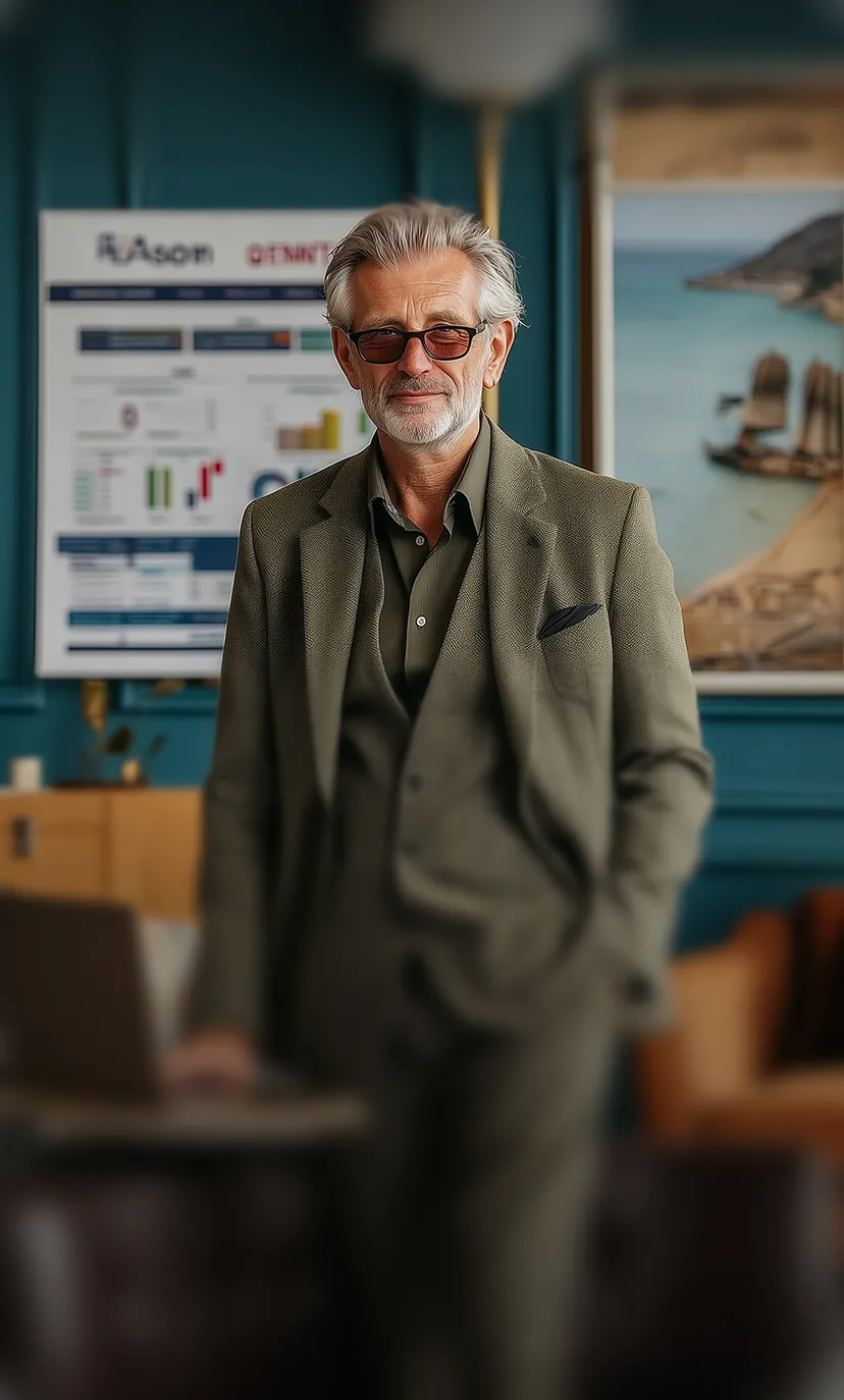 Older man with gray hair and beard wearing sunglasses and a brown suit, standing in an office with charts and paintings in the background.
