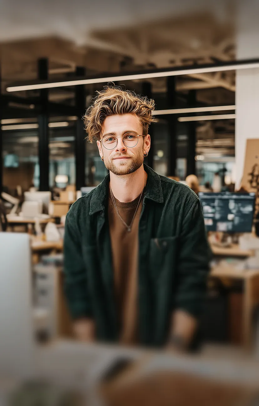 Young man with curly hair, glasses, and earrings smiling in a modern office setting.
