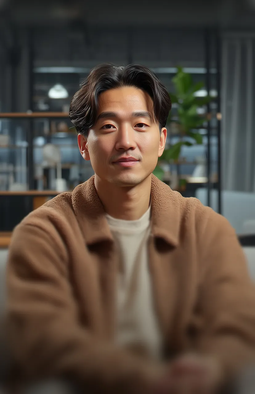 Portrait of a young man with dark hair wearing a brown jacket and light shirt in a modern indoor setting.
