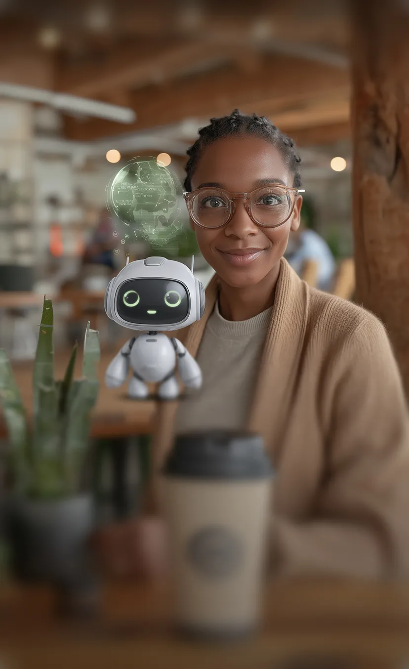 Smiling woman wearing glasses sitting in a cafe, with a small virtual robot and a holographic globe floating near her.