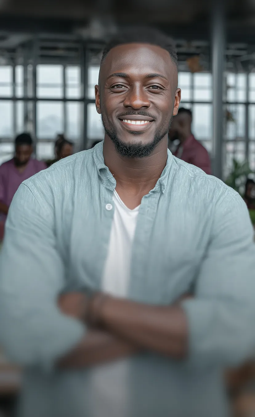 Smiling man with short beard wearing a light blue shirt over a white t-shirt in a bright office setting.
