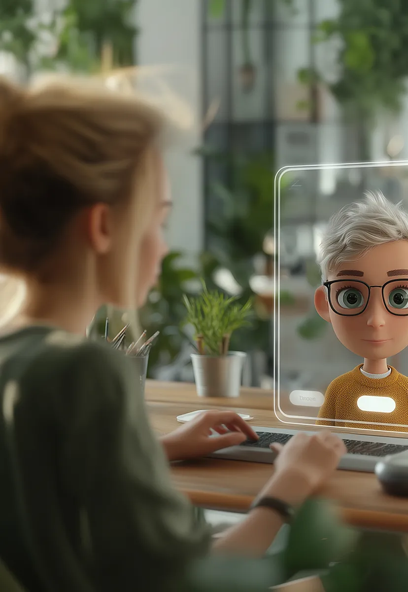 Person using a laptop that displays a virtual avatar with glasses and gray hair on the screen.